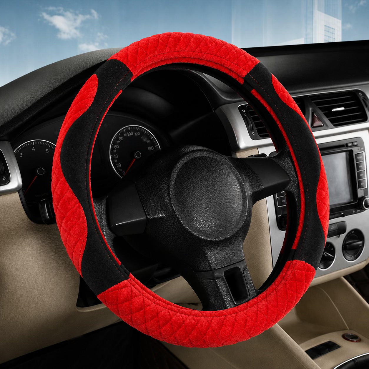 red and black quilted car steering wheel cover with anti-slip grip, universal fit for cars in Kuwait
