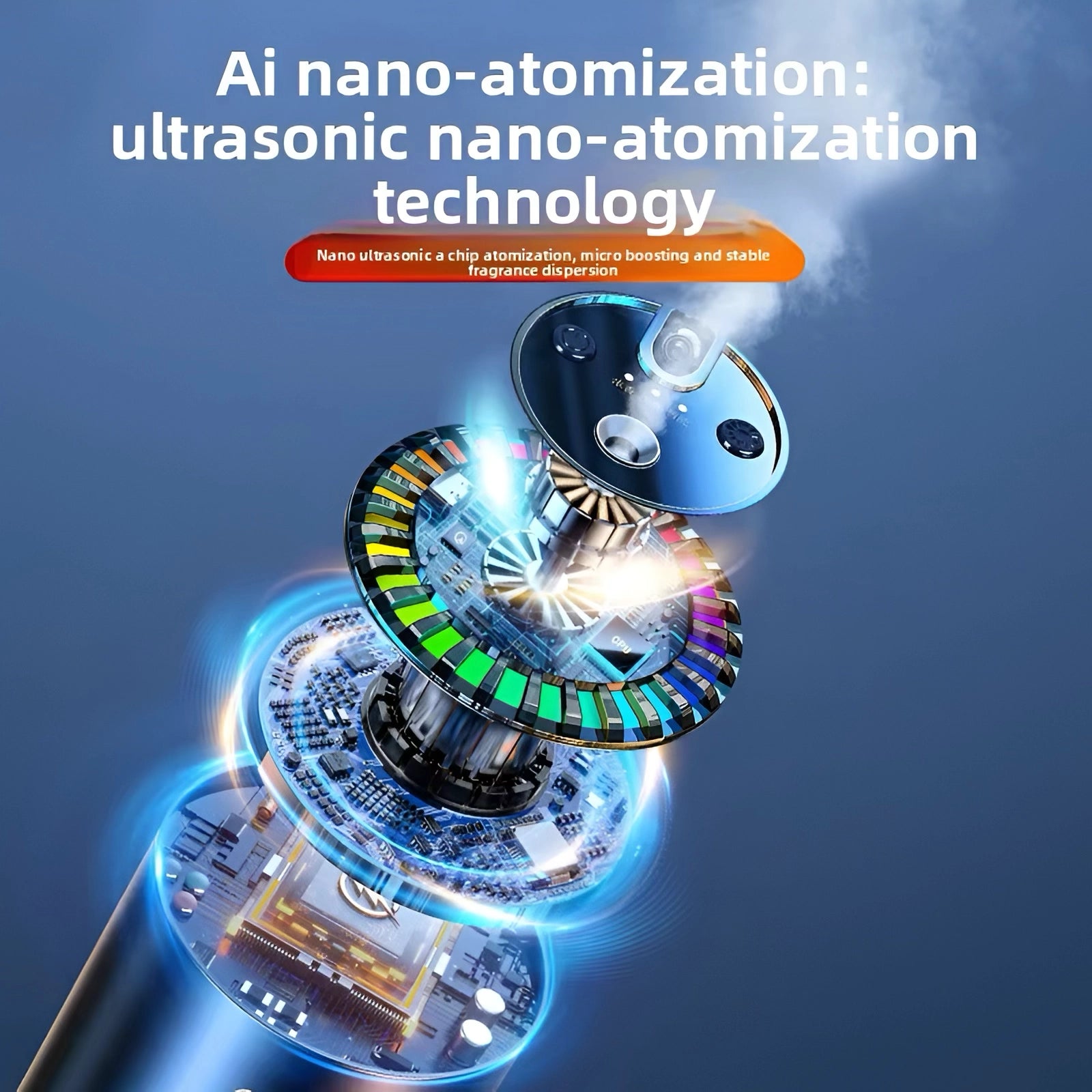 Ultrasonic nano-atomization technology with colorful components on a blue background for diffuser