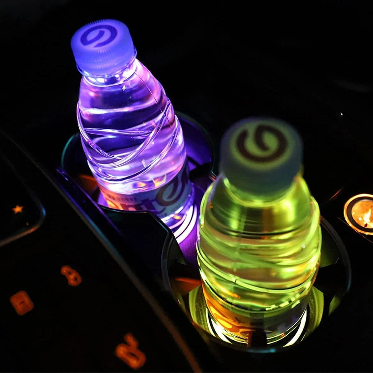 Solar LED Cup Holder Coasters Pads 7 Color Lights (2pcs)-وسائد أكواب حامل أكواب تعمل بالطاقة الشمسية بـ 7 أضواء ملونة (2 قطعة)-Auto-Emporio-Kuwait.0