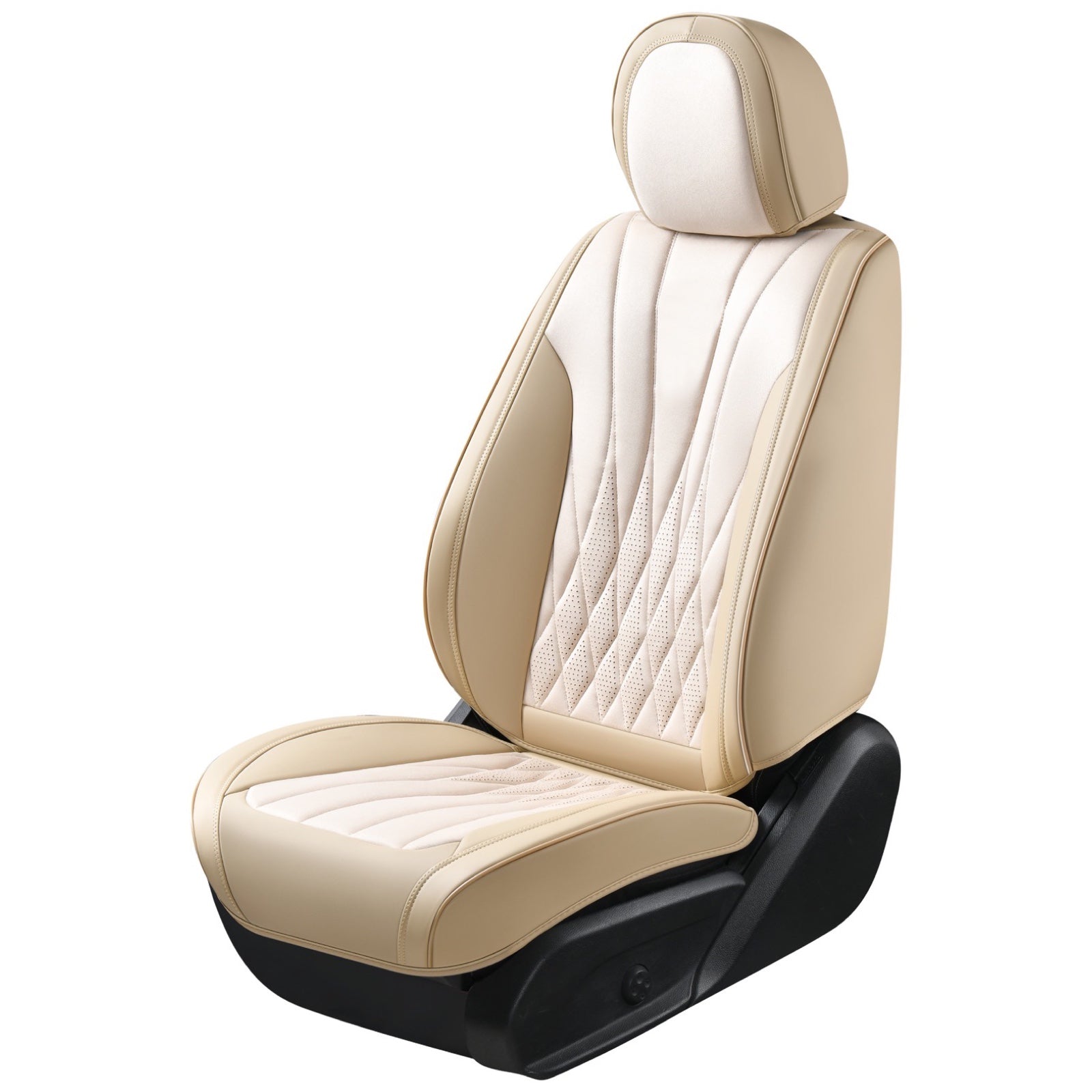 Beige car seat cover with quilted design on a white background