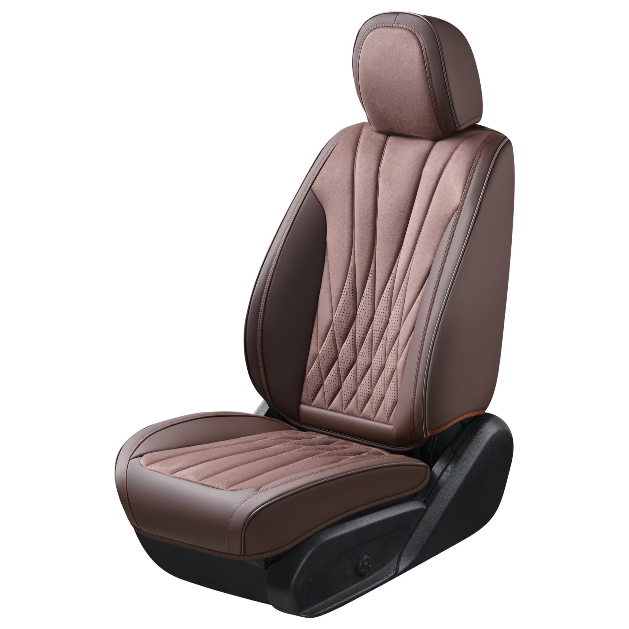 Brown car seat cover with quilted design on a white background