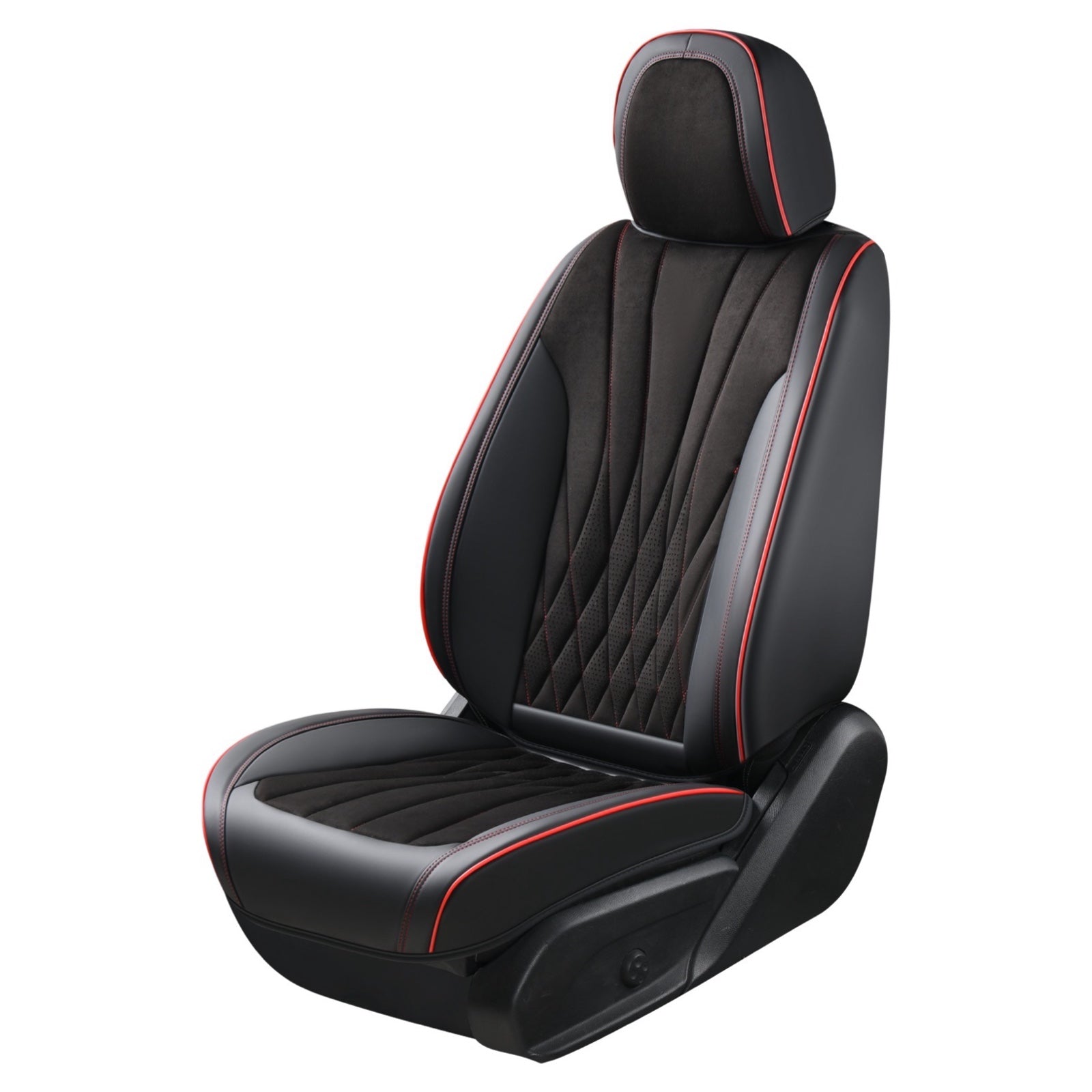 Black car seat cover with red stitching on a white background