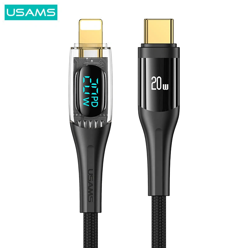 USAMS Type-C To Lightning PD 20W Transparent Digital Display Cable-USAMS Type-C إلى Lightning PD 20W كابل عرض رقمي شفاف-Auto-Emporio-Kuwait.0