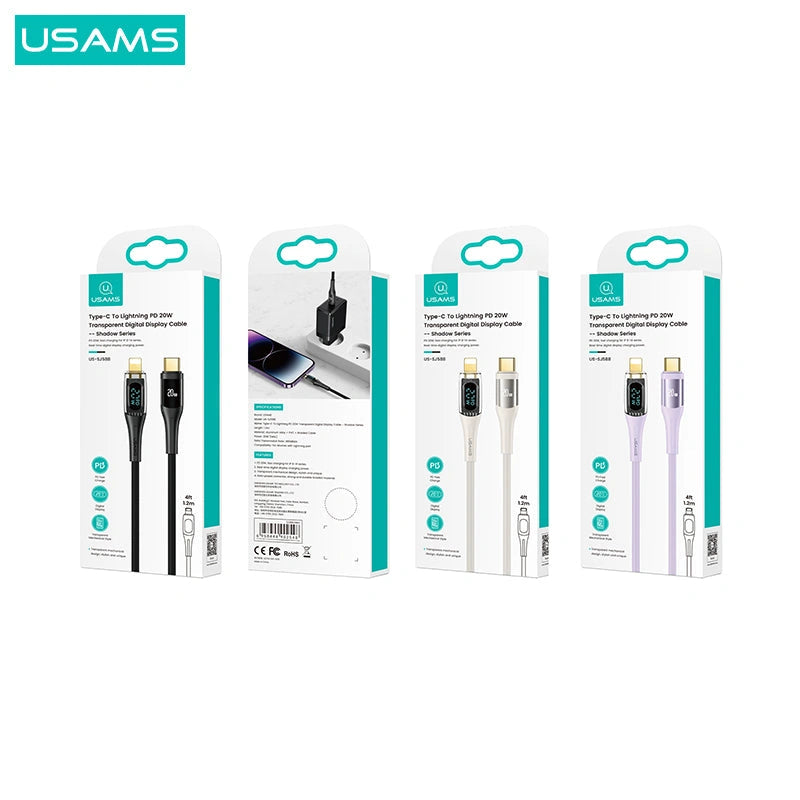 USAMS Type-C To Lightning PD 20W Transparent Digital Display Cable-USAMS Type-C إلى Lightning PD 20W كابل عرض رقمي شفاف-Auto-Emporio-Kuwait.0