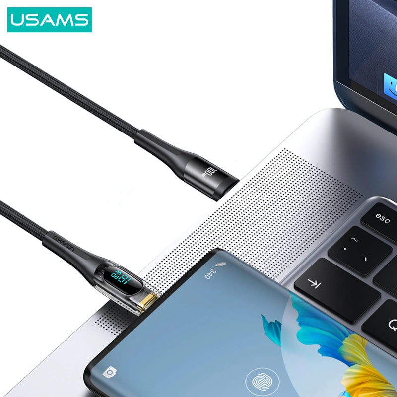 USAMS Type-C To Type-C PD 100W Transparent Digital Display Cable-USAMS Type-C إلى Type-C PD 100W كابل عرض رقمي شفاف-Auto-Emporio-Kuwait.0