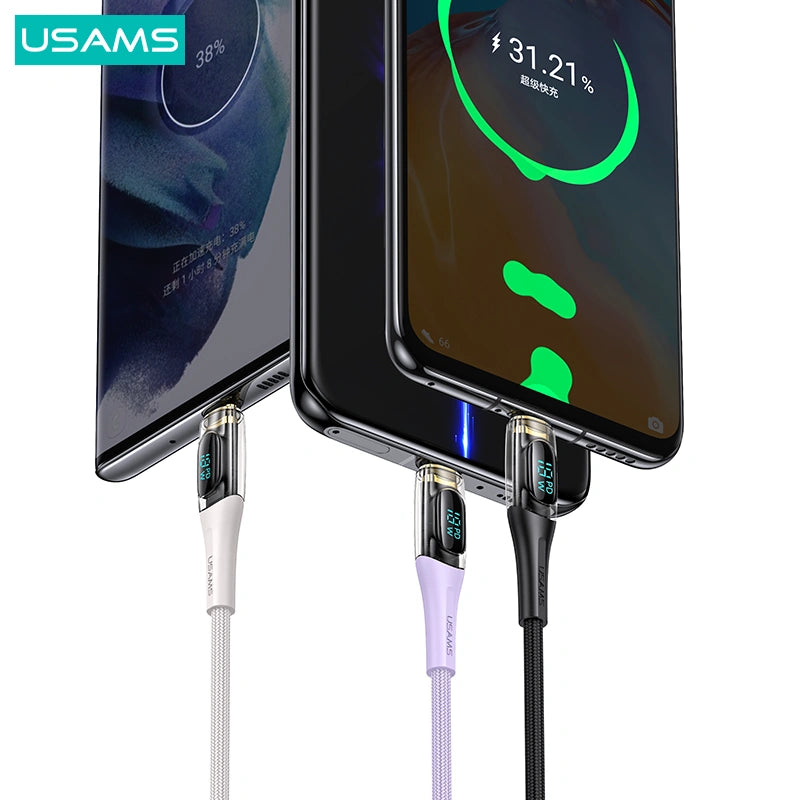 USAMS Type-C To Type-C PD 100W Transparent Digital Display Cable-USAMS Type-C إلى Type-C PD 100W كابل عرض رقمي شفاف-Auto-Emporio-Kuwait.0