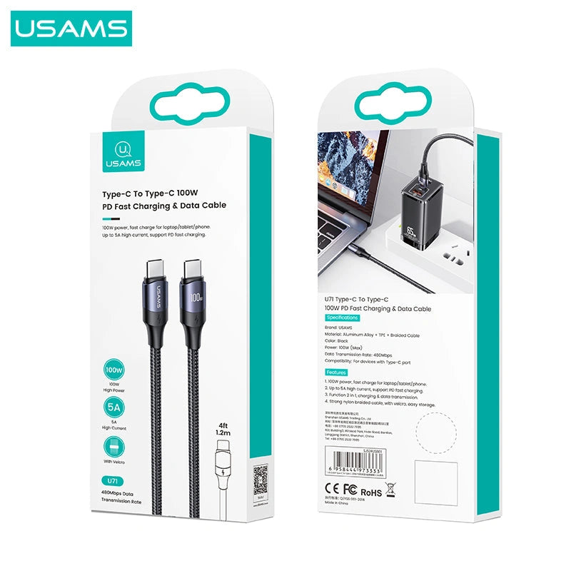 USAMS U71 Type-C To Type-C 100W PD Fast Charging & Data Cable-USAMS U71 Type-C إلى Type-C 100W PD كابل شحن سريع وبيانات-Auto-Emporio-Kuwait.0