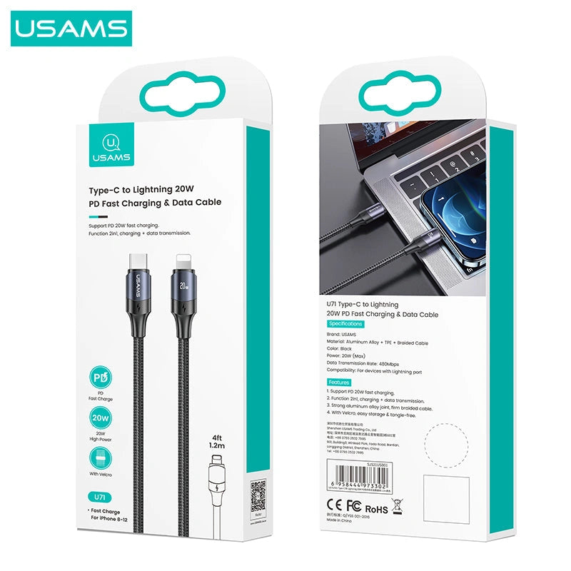 USAMS U71 Type-C to Lightning 20W PD Fast Charging & Data Cable-USAMS U71 Type-C إلى Lightning 20W PD كابل شحن سريع وبيانات-Auto-Emporio-Kuwait.0