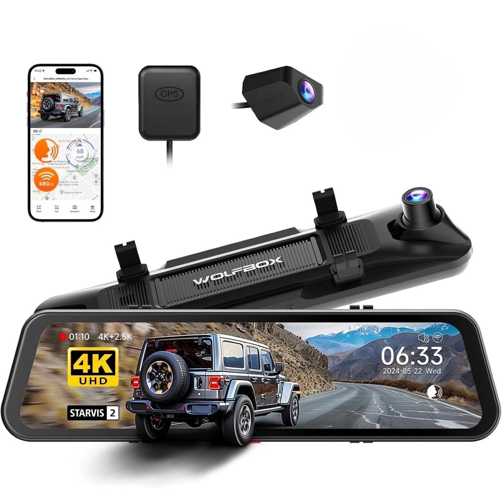 WOLFBOX G900 PRO 4K+2.5K 2CH 12” Mirror Dash Cam with SONY STARVIS 2 IMX678 & 5G WiFi-WOLFBOX G900 PRO 4K+2.5K 2CH 12 بوصة كاميرا داش مرآة مع SONY STARVIS 2 IMX678 و5G WiFi-Auto-Emporio-Kuwait.0

Wolfbox car dashboard camera system with app, GPS module, and rearview mirror display on a white background.