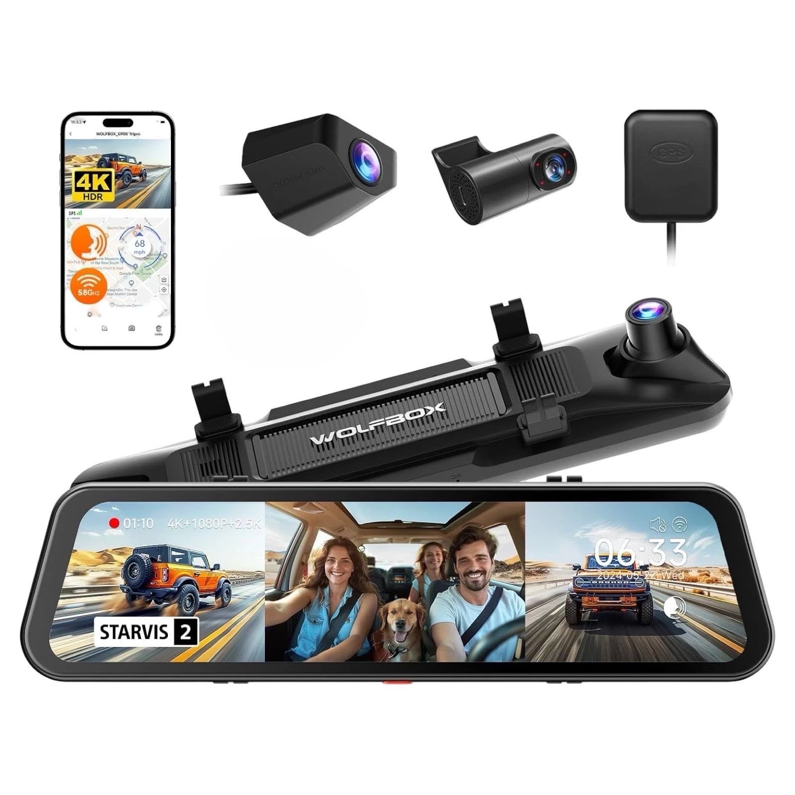 WOLFBOX G900 TRIPRO 4K+1080P+2.5K 3CH 12” Mirror Dash Cam with SONY STARVIS 2 IMX678 & 5G WiFi-WOLFBOX G900 TRIPRO 4K+1080P+2.5K 3CH 12 بوصة كاميرا داش مرآة مع SONY STARVIS 2 IMX678 و5G WiFi-Auto-Emporio-Kuwait.0

Wolfbox car dashboard camera system with rearview mirror display, smartphone app, and additional cameras on a white background.