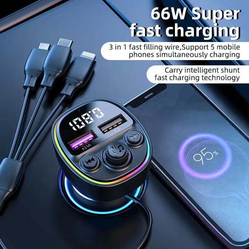 CS1 66W FM Transmitter Wireless Bluetooth MP3 Player & Fast Charger