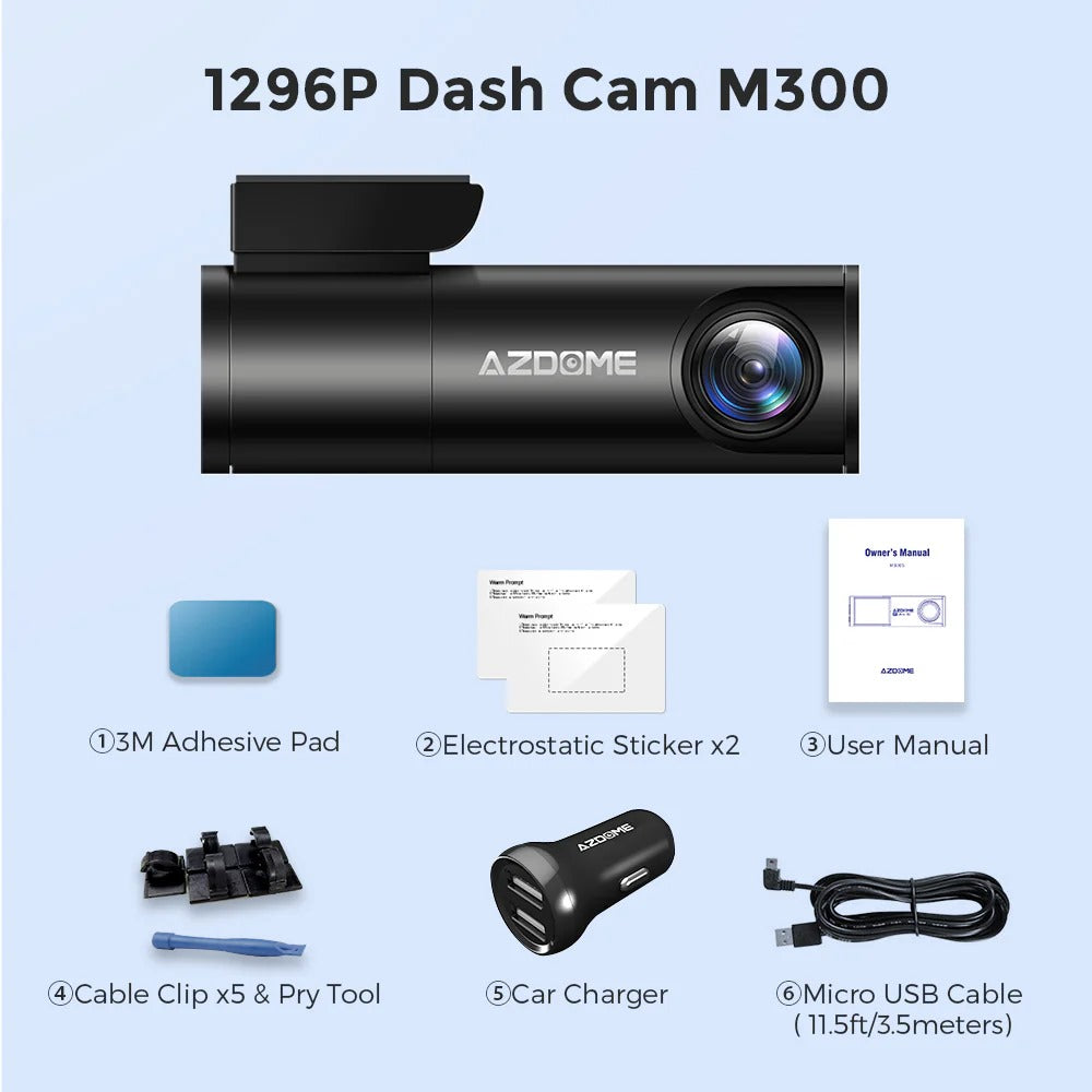 AZDOME M300 1CH 1296P Dash Cam with Wifi,Voice Control,Night Vision