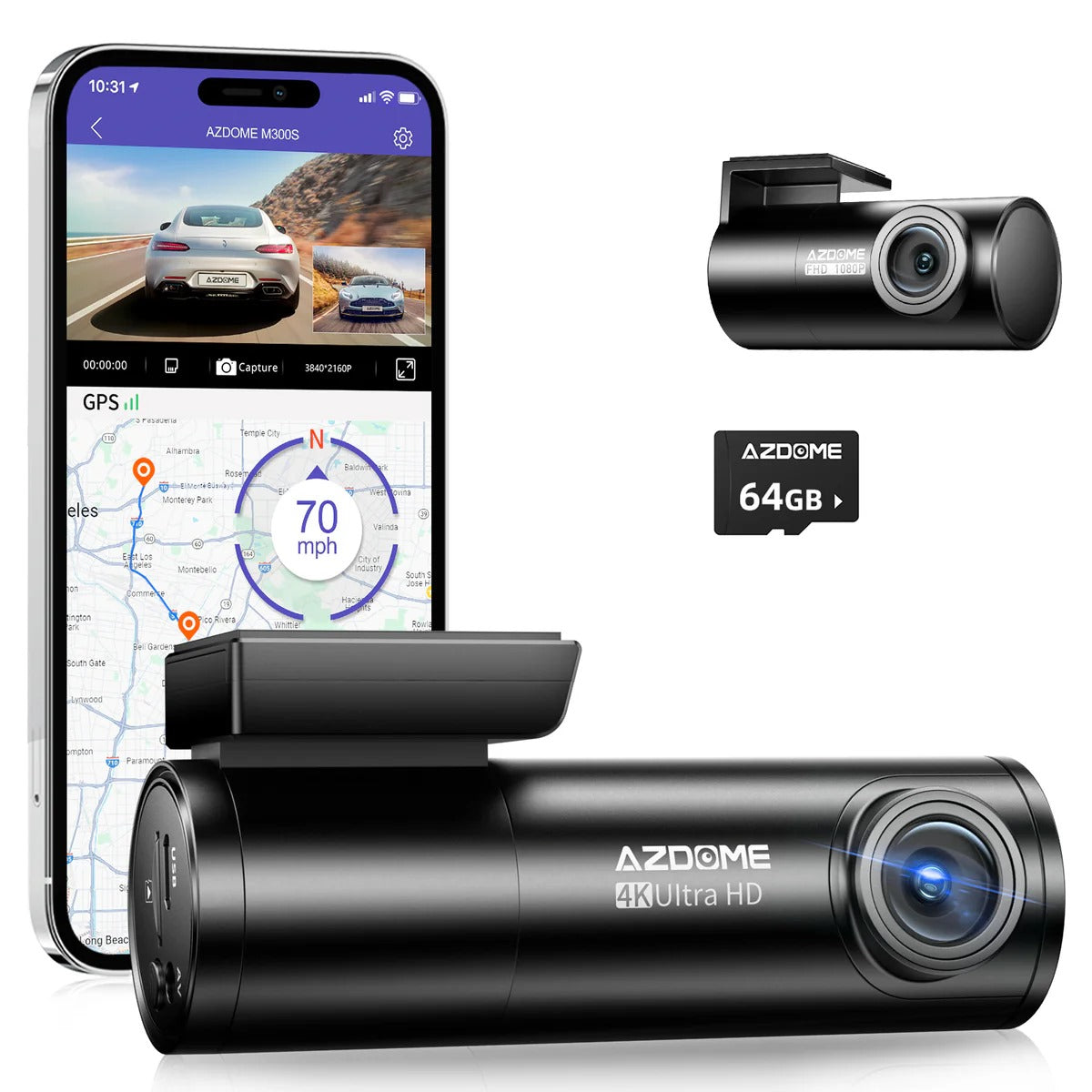 AZDOME M300S 2CH 4K Dash Cam With 5.8G WiFi, GPS, Voice Control, WDR Night