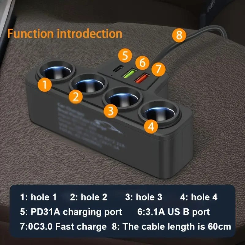 4-in-1 Car Charger - USB & PD Fast Charge, Multi-Device Simultaneous Charging Adapter