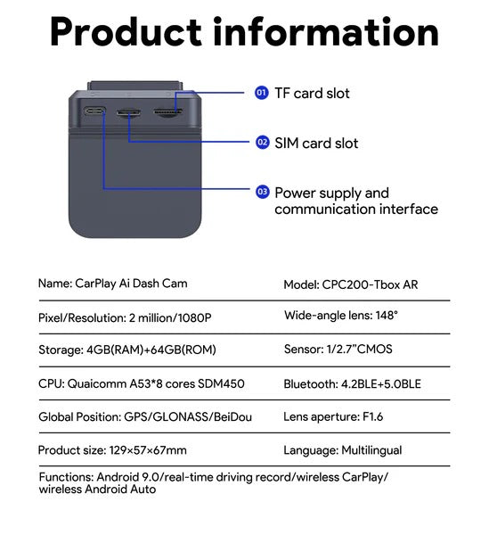 Carlinkit QCM 6125 CarPlay Android 12 Wireless AI Box HD Dash Cam