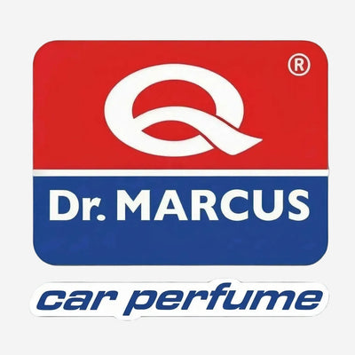 Dr. Marcus car perfume logo with red and blue background