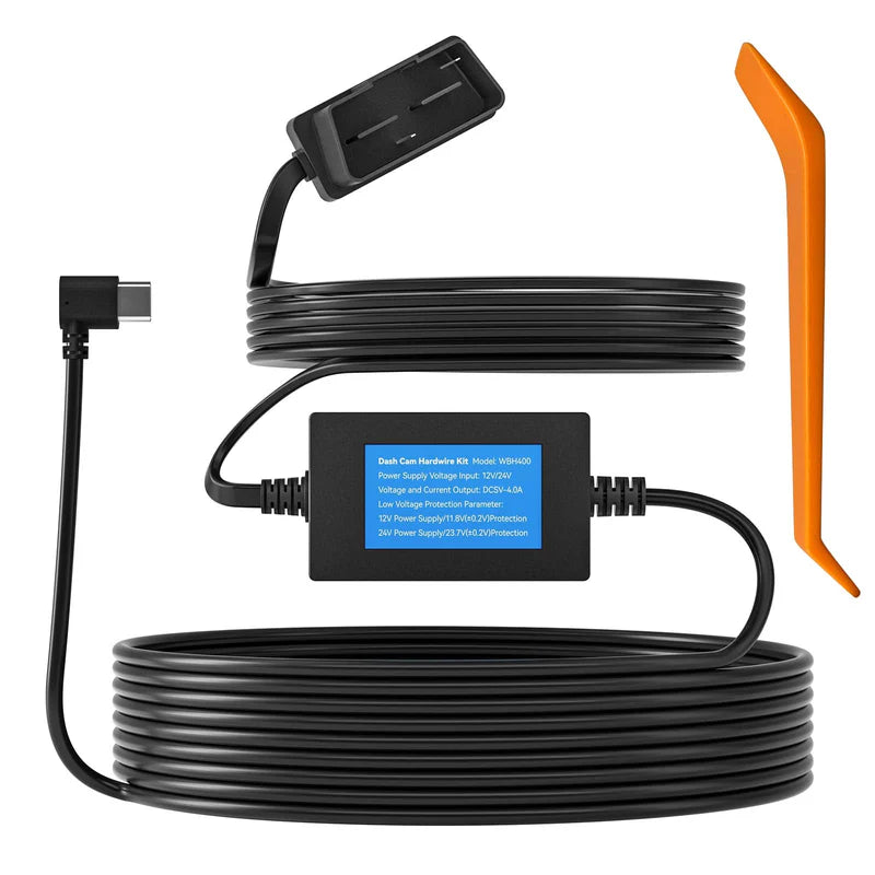 hardwire kit with coiled black cable and orange hook on a white background