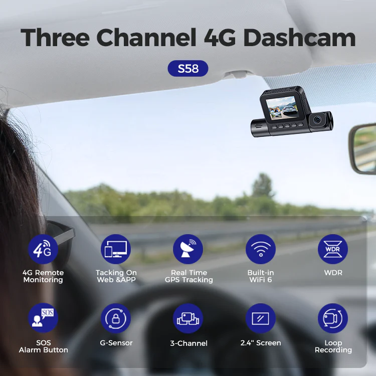 AZDOME S58 4G LTE 3CH Dash Cam with 2.4" IPS screen