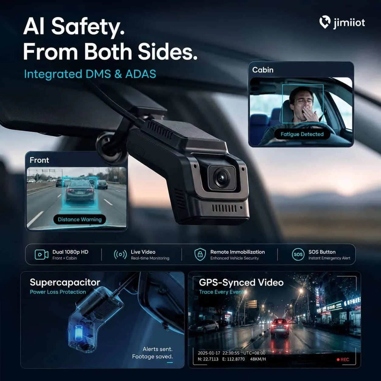 Jimi JC270 4G AI Dual Dash Cam with GPS, Live Video, ADAS & Driver Monitoring 4
