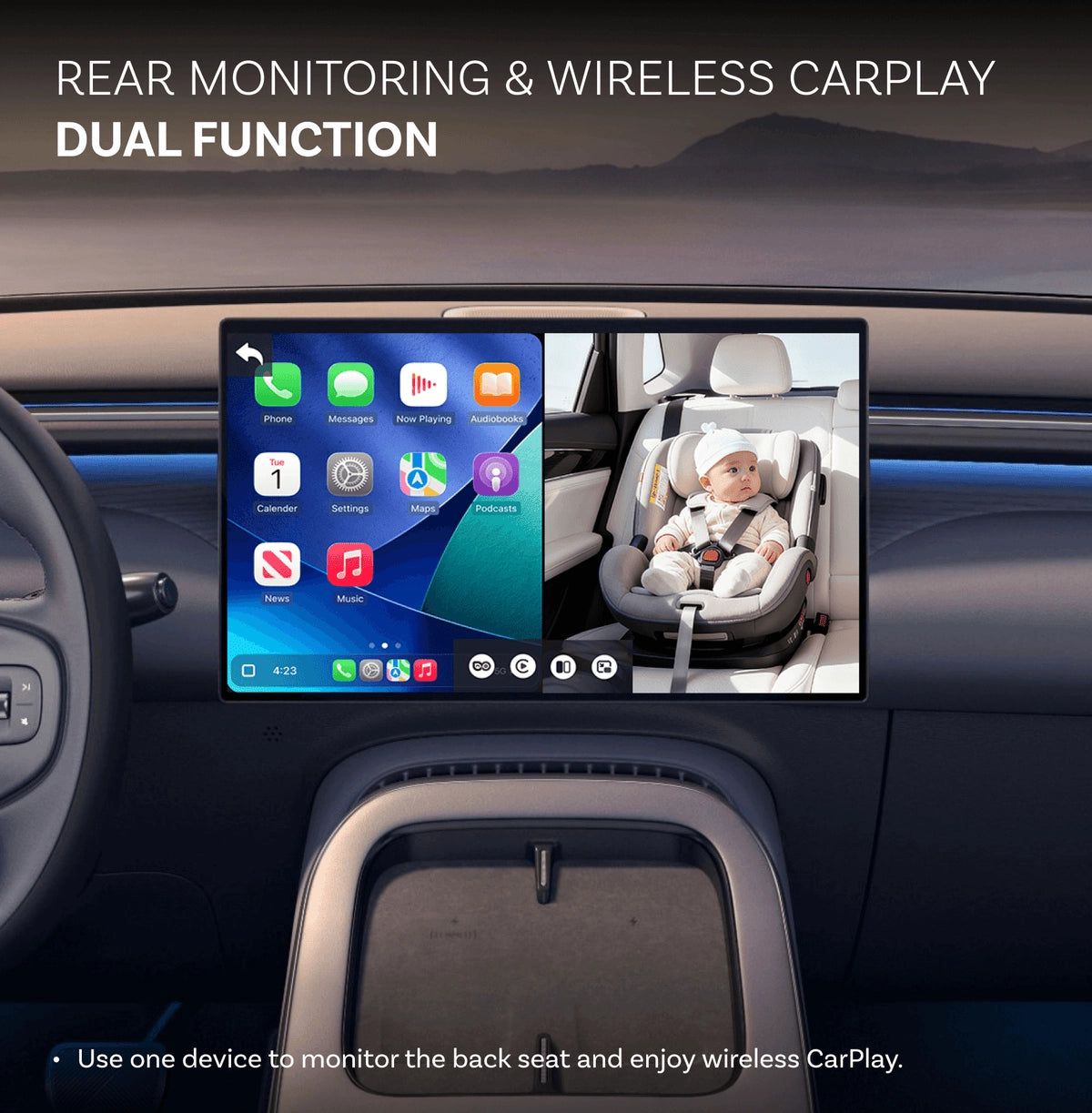 Car dashboard with a screen displaying rear monitoring and wireless CarPlay functionality.