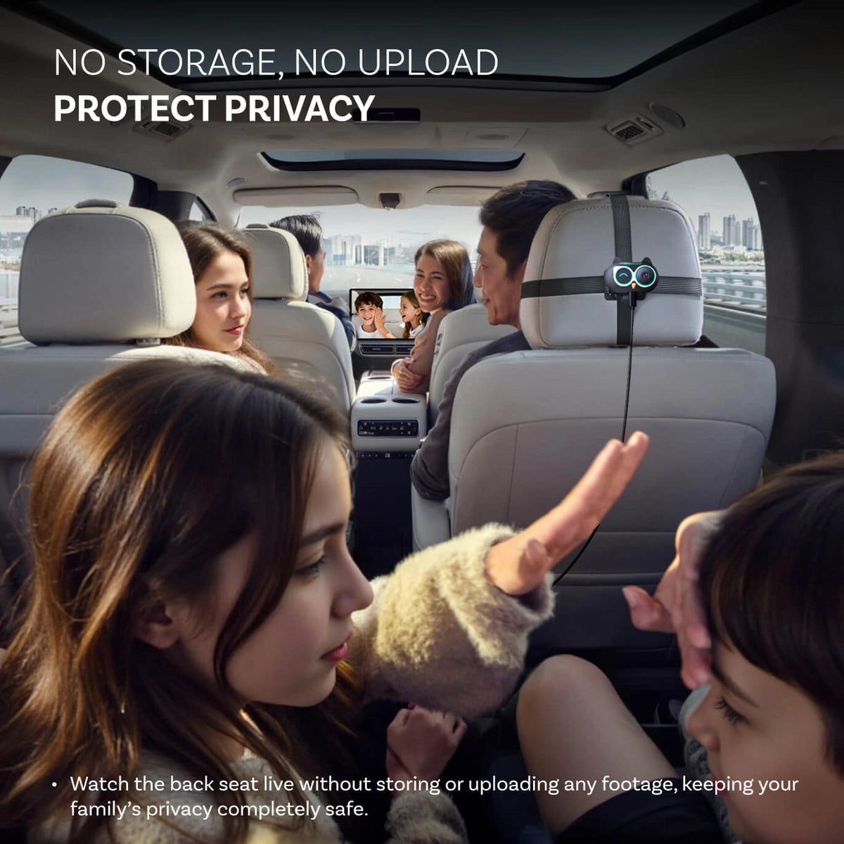 People in a car with a child pointing at a screen displaying 'No Storage, No Upload Protect Privacy'.