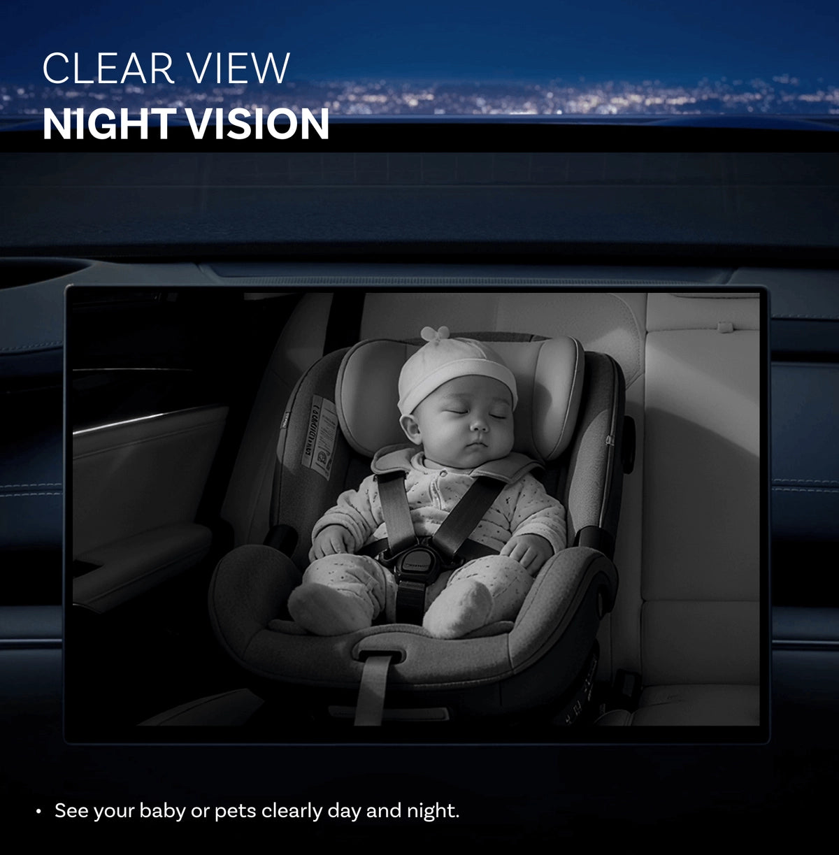 Baby in a car seat with night vision feature displayed on screen