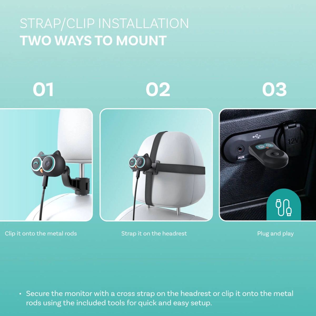 Instructions for strap/clip installation on a monitor with three methods shown.