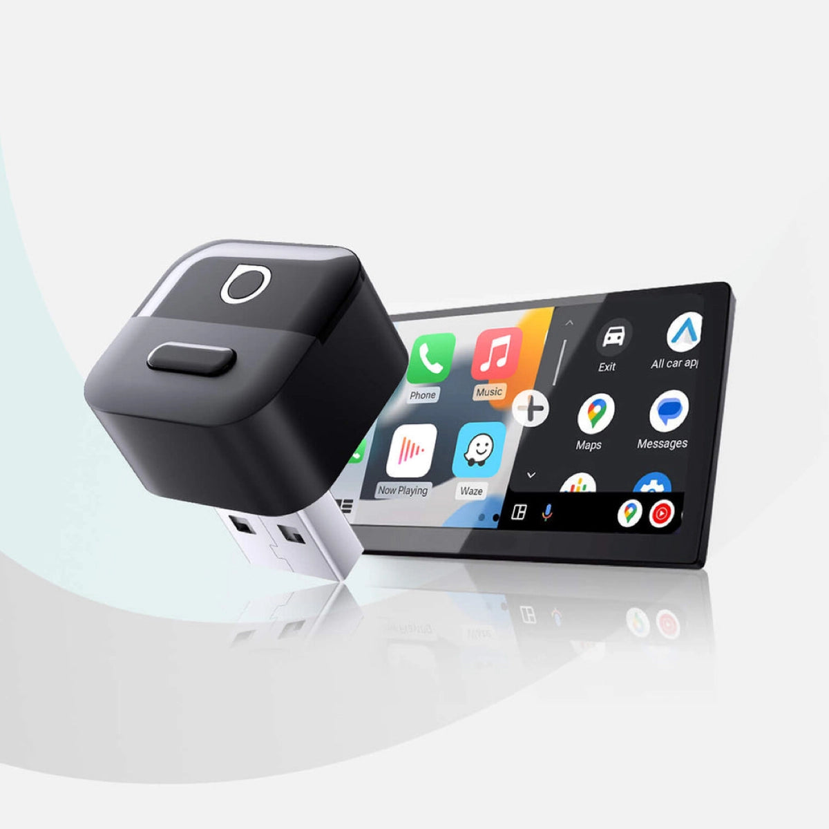 Car infotainment system with a smartphone displaying app icons on a white background