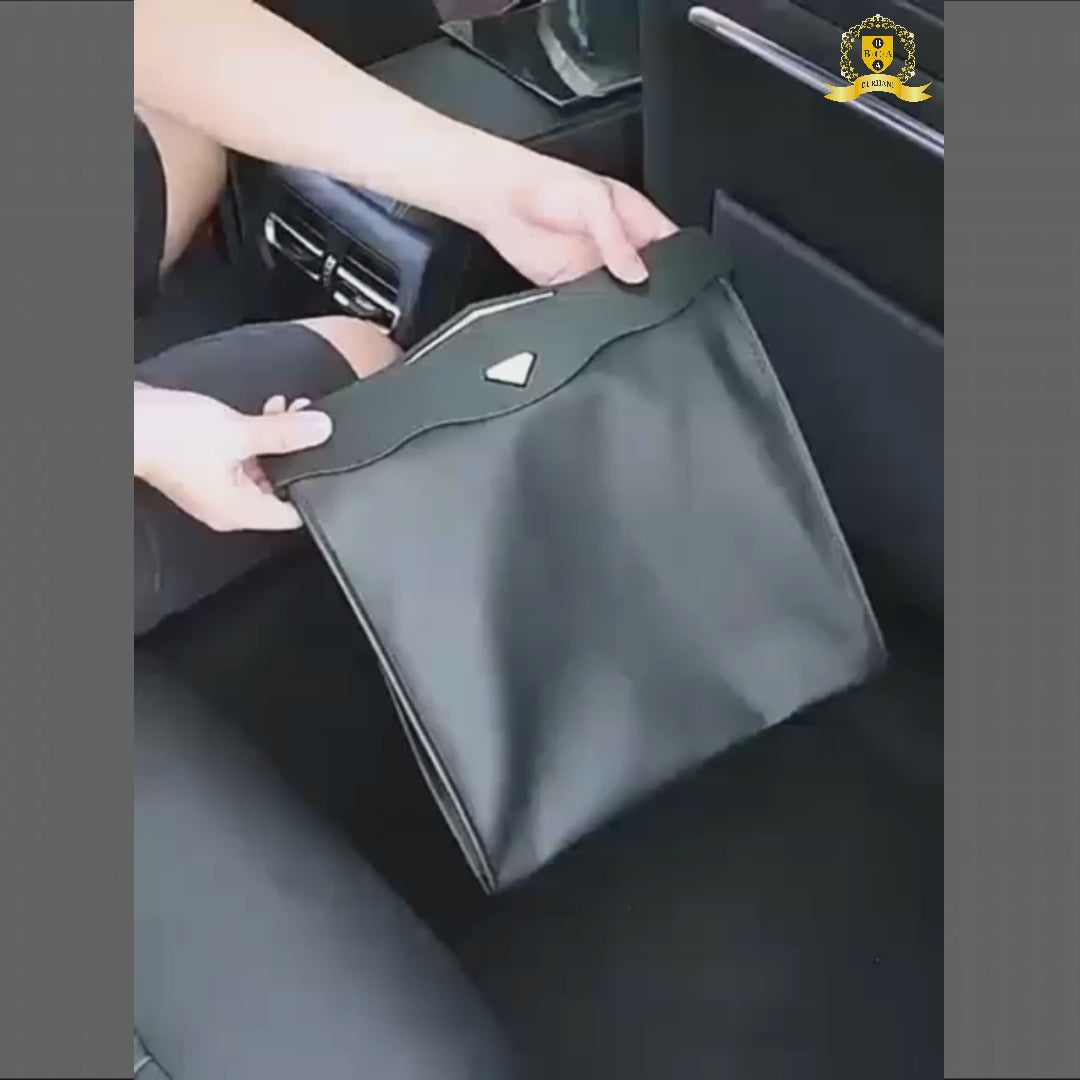 Collapsible Leather Hanging Trash Bag Car Organizer with LED Light
