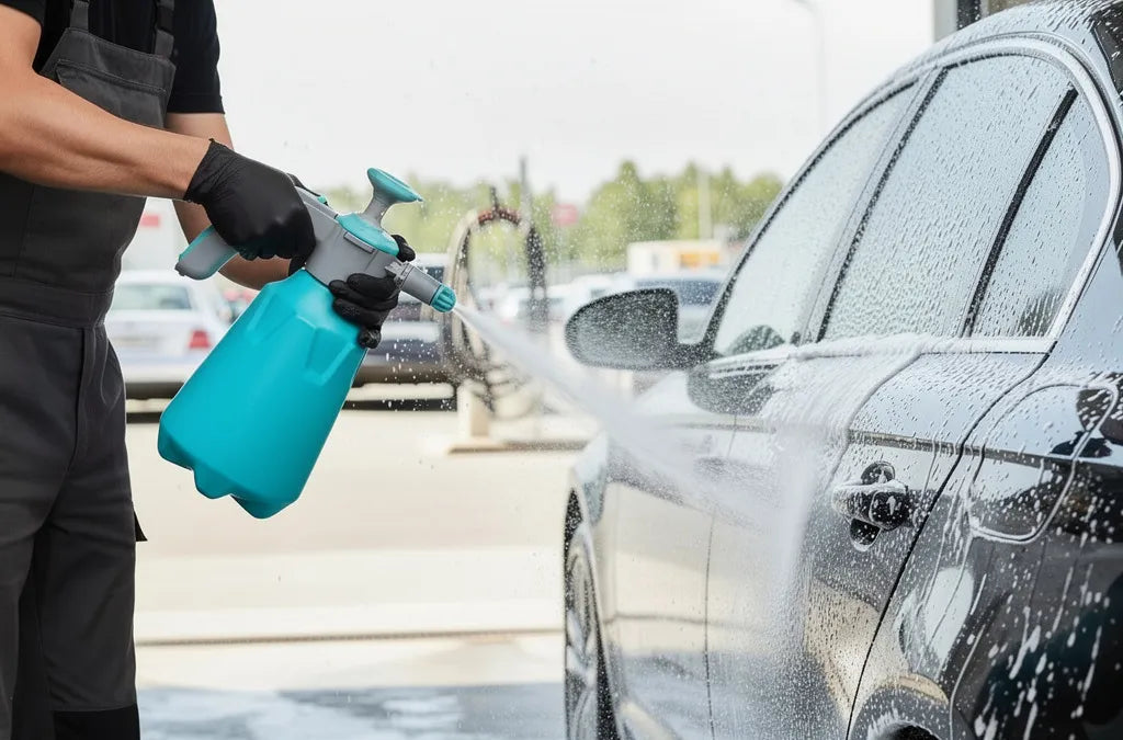 Person washing a car with a blue spray bottle in an outdoor setting