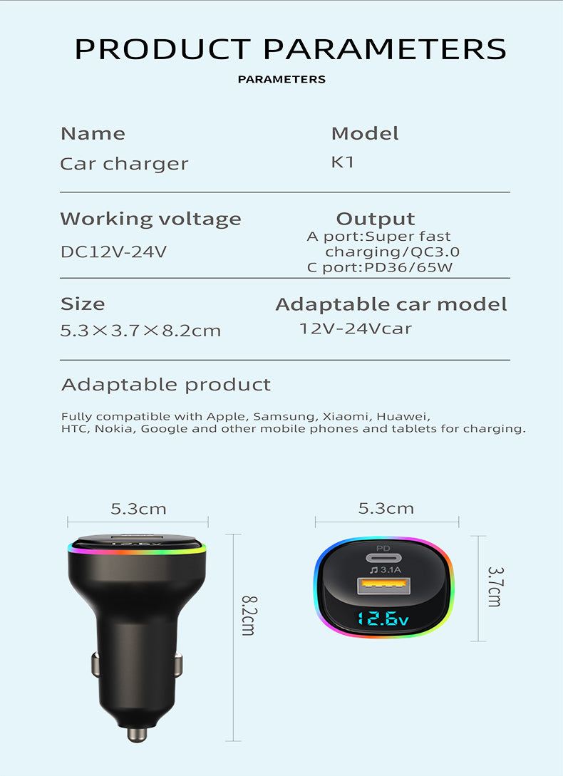 K1 USB Car Charger 3.0 Type C Fast Charging