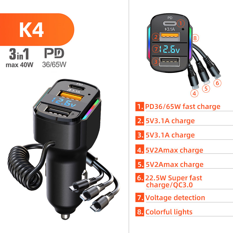 K4 Dual USB Car Charger with Fast Charging Type C 3in1 Cable