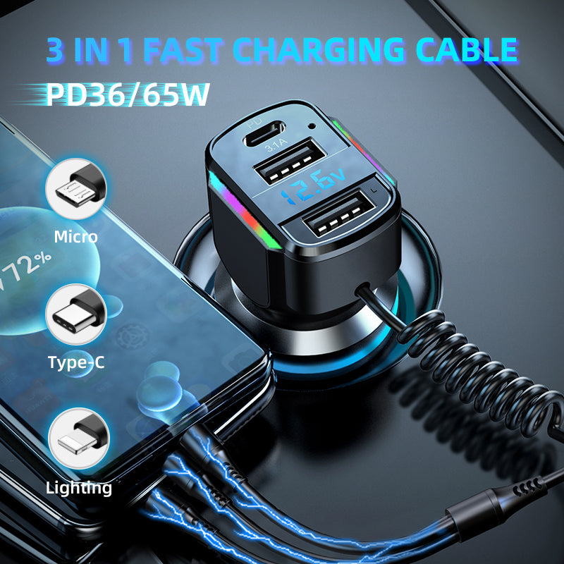 K4 Dual USB Car Charger with Fast Charging Type C 3in1 Cable