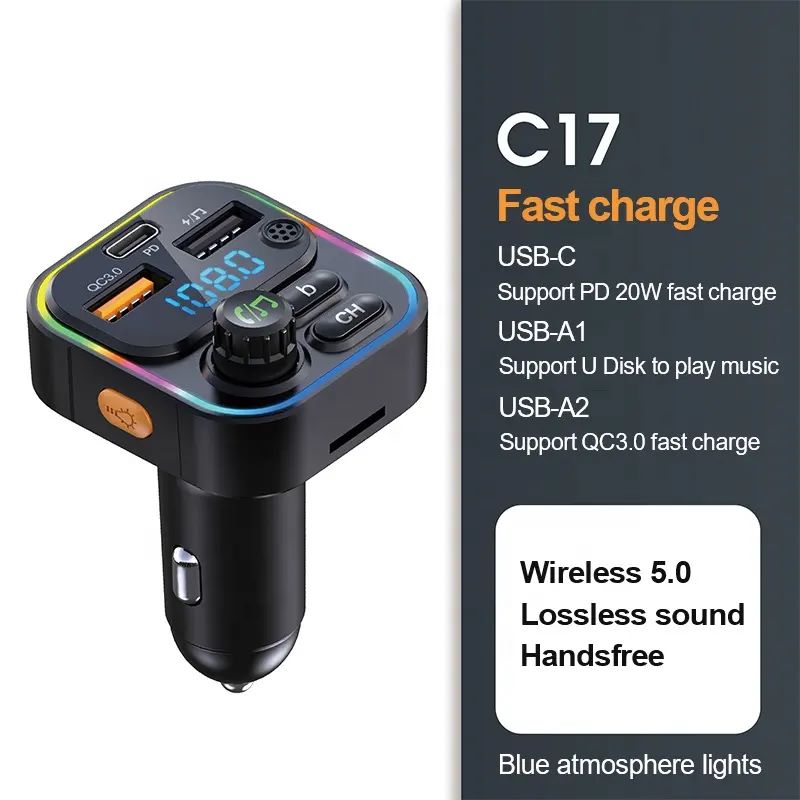 C17 Bluetooth FM Wireless Transmitter MP3 Player QC3.0 PD 20W Fast Charger